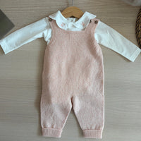 Salopette in lana rosa e body con colletto - tg. 3/6 mesi