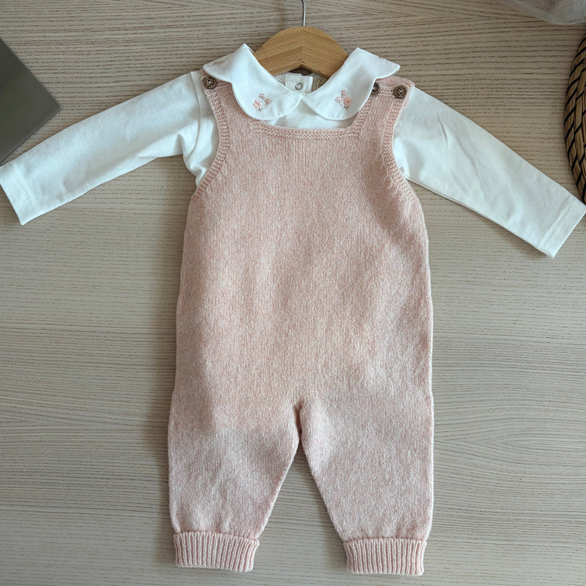 Salopette in lana rosa e body con colletto - tg. 3/6 mesi