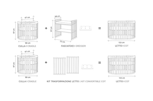 Culla Evolutiva Leonardo+ Kit estensione Letto  - incluso di materasso culla + lettino - legno